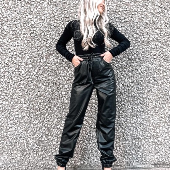 NWT!  High Waisted Faux Leather Joggers. - Picture 7 of 16